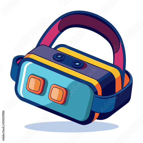 A vibrant, retro-futuristic virtual reality (VR) headset in blues, orange, and purple, depicted from an angled perspective, suggesting immersive technology, gaming, or entertainment.