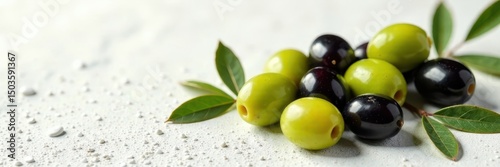Green and black olives arranged on white, rustic style , product photography, photography