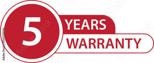 a red circular label with the text 5 year warranty
