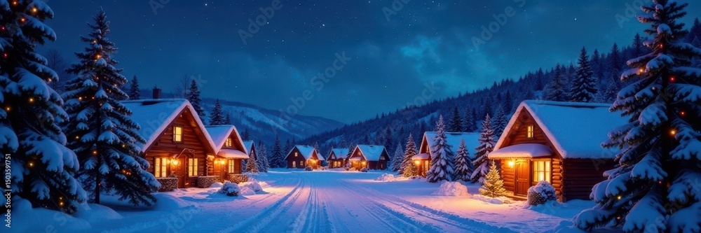 Fototapeta premium Brilliant night sky illuminates Christmas village , christmas, astrophysics, pole
