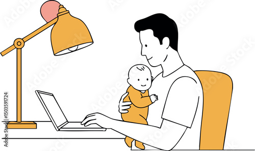 Father working on laptop holding baby in orange chair with desk lamp vector illustration 
