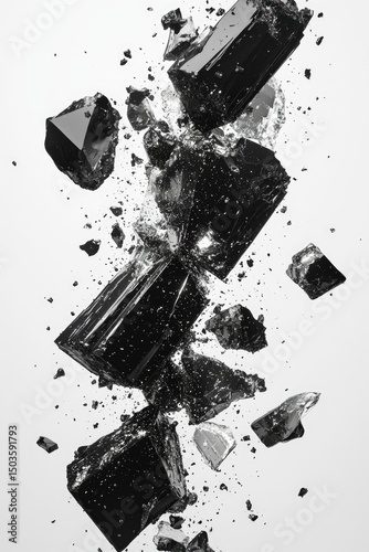 Dark, shattered geometrical shapes in mid-air.