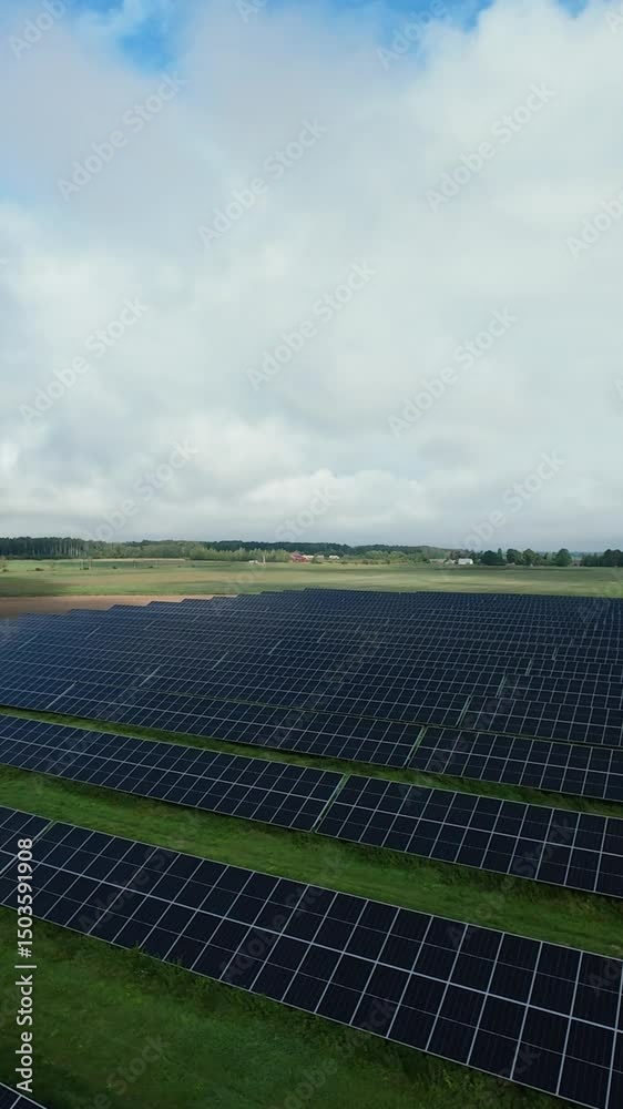 Vertical screen view of symmetrical solar energy field with black panels and white clouds Solar panel installation with clean symmetrical rows on grassy field under blue cloudy sky Vertical screen view of symmetrical solar energy field with black panels and white clouds Solar panel installation with clean symmetrical rows on grassy field under blue cloudy sky