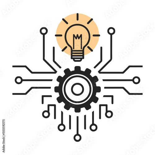 Idea innovation machine with creative lightbulb gears and cogs, a powerful business technology concept illustration