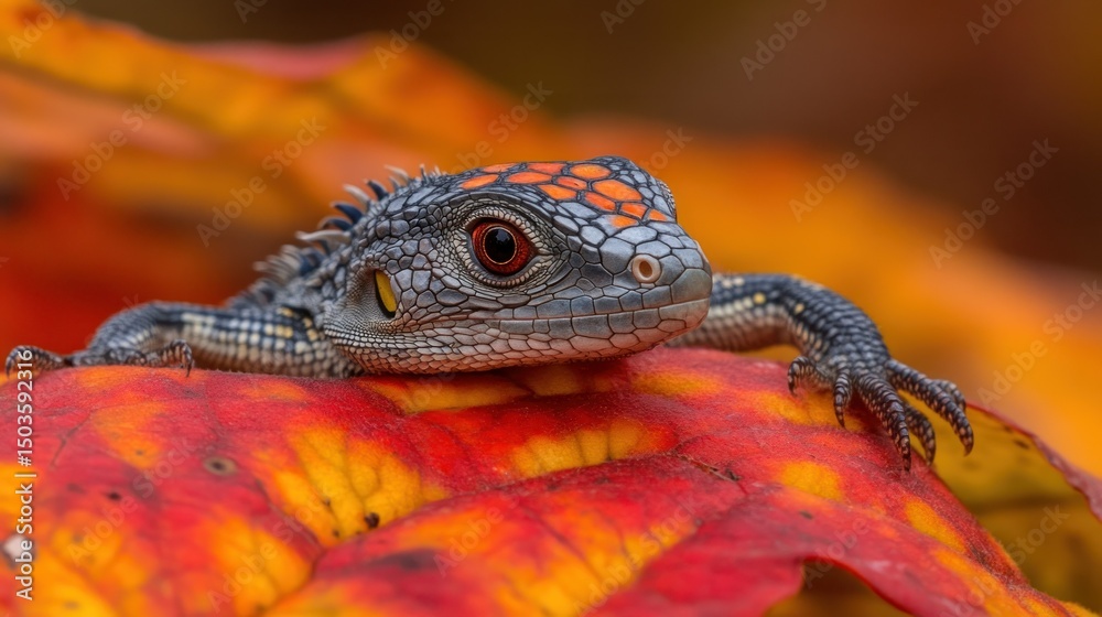 Fototapeta premium Red-eyed lizard resting on autumn leaf