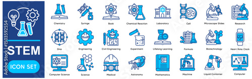 STEM Icons Collection related to Science, Technology, Engineering, Mathematics, Chemistry, Syringe, Book, Chemical Reaction, Laboratory.