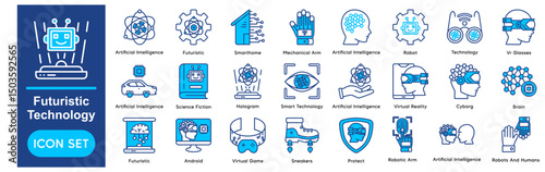 Futuristic Technology Icons Collection related to Artificial Intelligence, Futuristic, Smarthome, Mechanical Arm, Robot, Technology, Vr Glasses, Hologram.