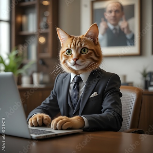 Anthropomorphic Cat in Business Suit Working on Laptop in Office