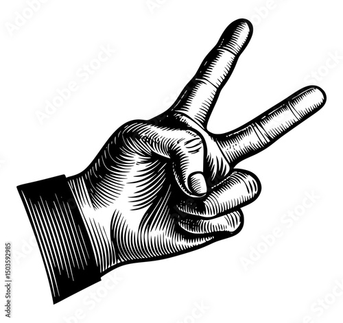 A striking woodcut-style illustration of a hand making the classic V-sign.