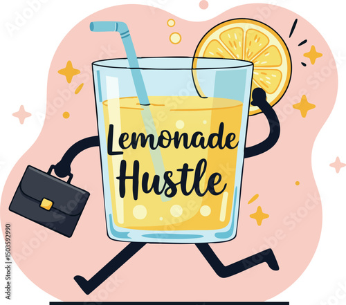 Lemonade glass with lemon slice and briefcase running business hustle concept vector illustration 