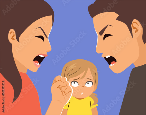 Cartoon of a child watching their parents argue. Vector illustration of a family conflict and emotional impact on children
