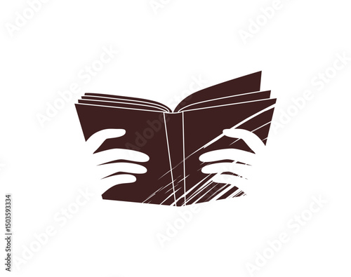 Black cartoon logo of an open book held by two hands, representing learning, reading and education