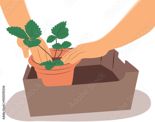 Cartoon illustration of male hands planting a seedling in a cardboard box, promoting sustainability and eco gardening
