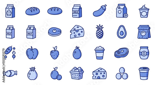 Food Icons vector illustration fresh produce dairy meat bread fruit icons healthy nutrition diet