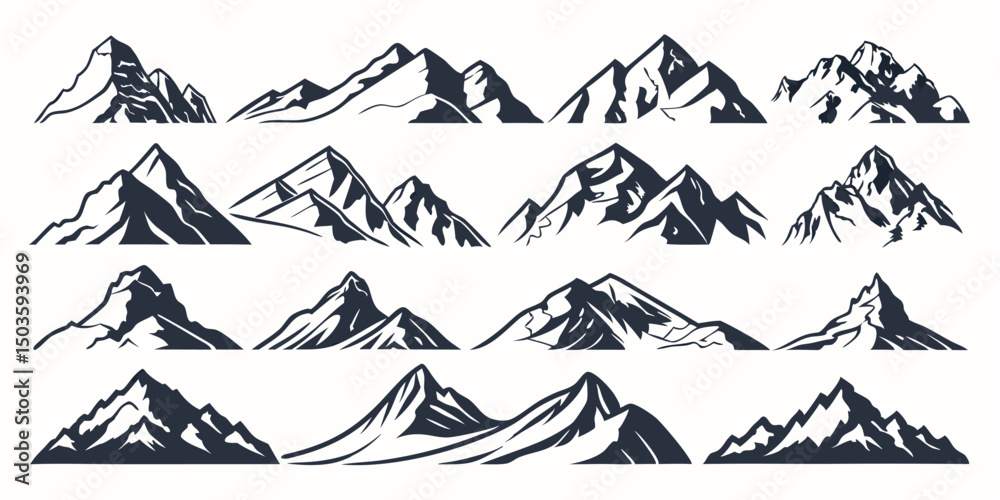 Fototapeta premium Vector Mountain Icons – Abstract & Realistic Mountain Symbol Set (50 Icons)