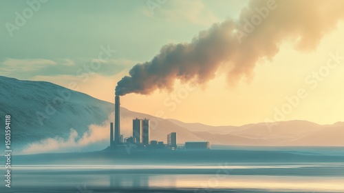 Industrial plant emitting smoke against a scenic mountain landscape at sunset
