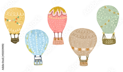 Set of Cute colorful pastel color scandinavian nordic hot air balloons with bunting flag doodle kids crayon watercolor illustration air transportation design clipart vector sticker