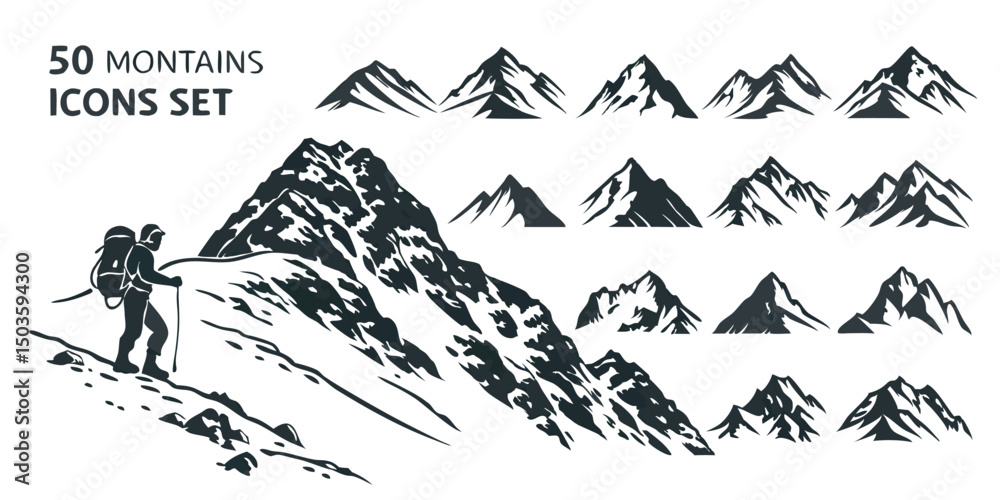 Fototapeta premium Vector Mountain Icons – Abstract & Realistic Mountain Symbol Set (50 Icons)