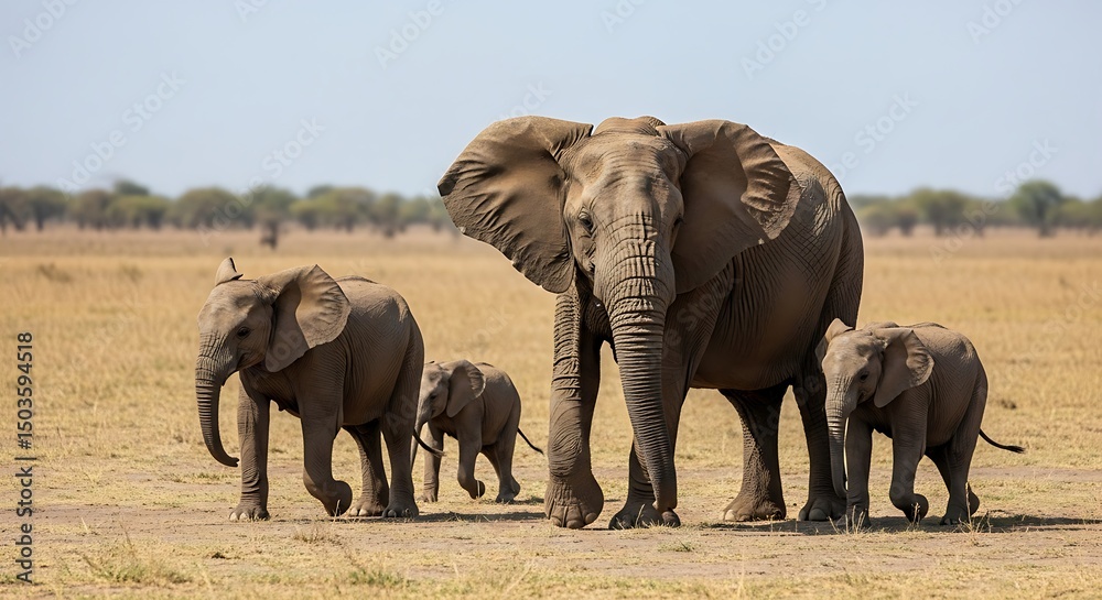Obraz premium A Majestic Elephant Family Journeying Across the African Savannah A Breathtaking View of Wildlife and Nature The Strong Bonds of the Elephant Herd