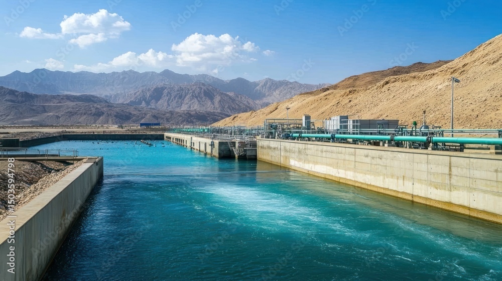 Obraz premium Modern water treatment plant infrastructure against the backdrop of mountains