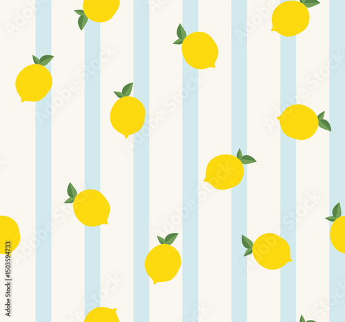 Seamless pattern with lemons on the  blue striped  background.