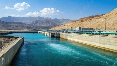 Modern water treatment plant infrastructure against the backdrop of mountains