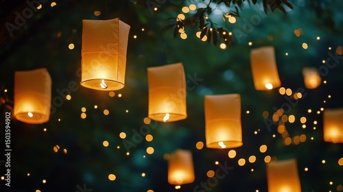 Illuminating the Night: Floating Paper Lanterns with Sparkling Light Display