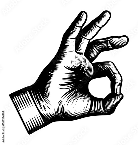 A detailed black and white woodcut style illustration of a hand making the "OK" gesture.