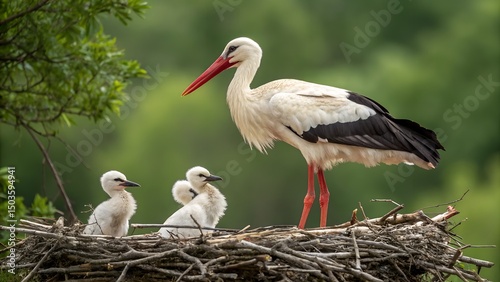 a family of storks in a nest. The layout is horizontal, capturing three storks an adult and two chicks. The adult stork stands tall with predominantly white plumage, black wing tips, and a long, brigh