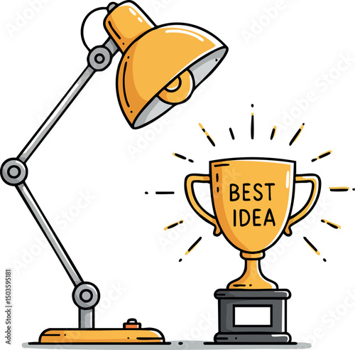 Adjustable desk lamp shining light on best idea trophy award vector illustration 