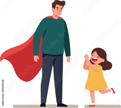 Father wearing red cape playing with happy daughter in yellow dress family scene vector illustration 