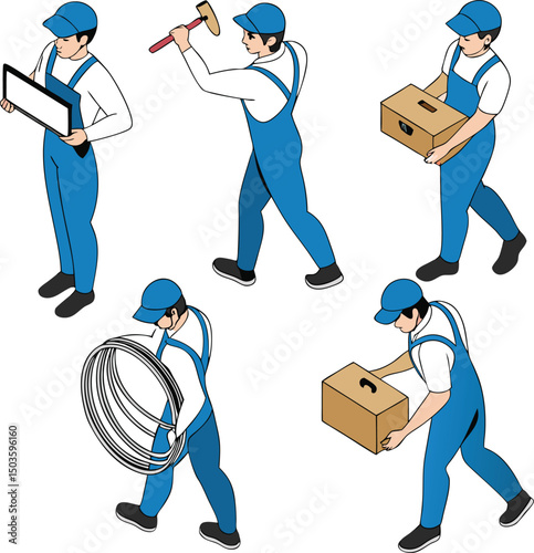 Vector illustration of a worker in blue overalls performing various labor tasks