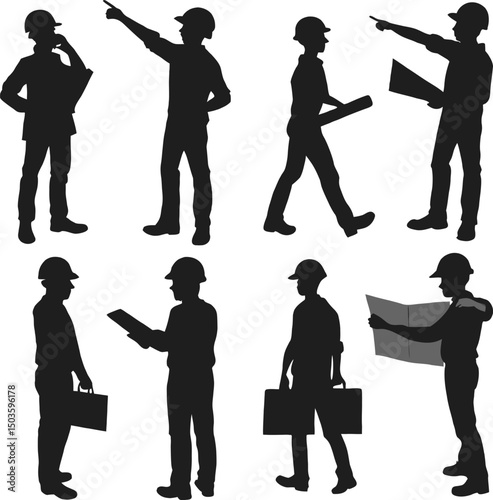 Silhouetted construction workers in different poses for design and architectural concepts