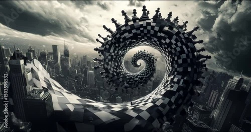 Strategic Chaos. Surreal Spiral Storm of Floating Chess Pieces Over a City Skyline