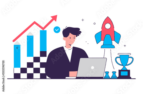 A businessman is working on a laptop, growth, success, and innovation. These elements include an upward trending graph, a rocket, and a trophy, indicating achievement and progress.