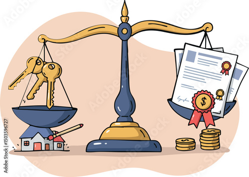 Justice scale balancing house keys and financial documents concept vector illustration 