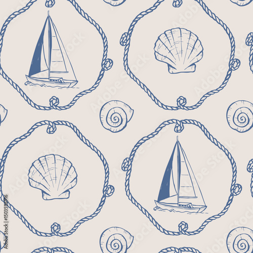 Marine hand drawn seamless pattern. Sea doodle. Nautical drawing. Line art illustration of boat, rope and shells. Graphic background with seashells.