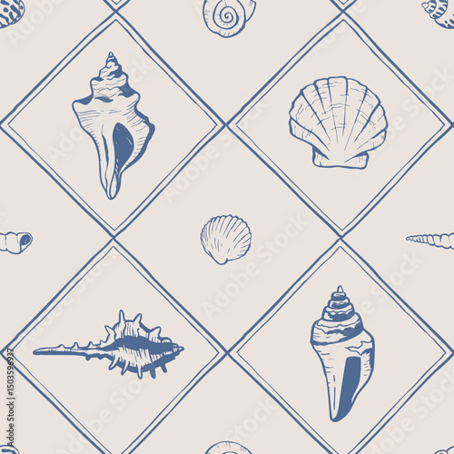 Tiles with seashells marine checkered pattern. Hand drawn seamless illustration with shells. Sea net doodle. Line art drawing graphic background.