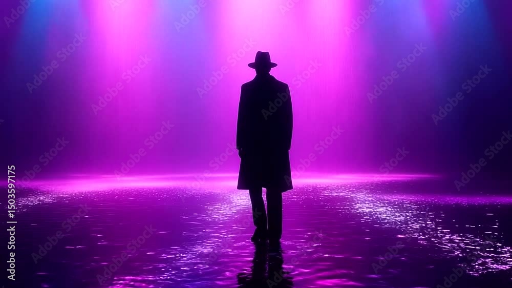 Person standing in front of a purple water curtain