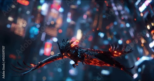 Mechanical Phoenix. Dark Metallic Bird Soaring Over a Blurred Futuristic City Nightscape