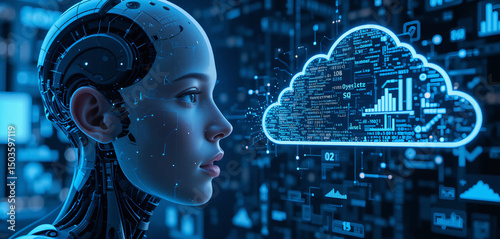 AI Face Analyzing Cloud Data Stream – Futuristic Machine Learning Concept, Cloud computing transfer big data on internet. futuristic digital ai technology.