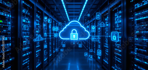 Secure Cloud Server Room with Floating Data Icons – AI Data Storage Concept, Cloud computing transfer big data on internet. futuristic digital ai technology.