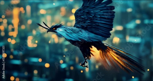 Dark Metallic Phoenix. Futuristic Bird in a Blurred City Nightscape