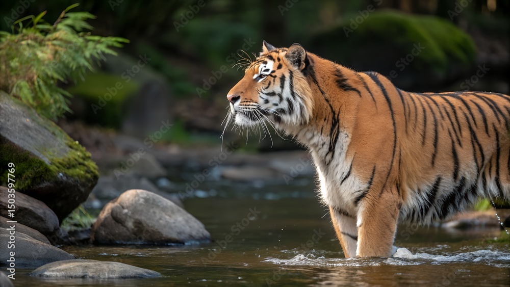 wildlife photograph featuring a majestic tiger standing in a shallow stream. The tiger's coat is a vibrant orange with distinct black stripes, and its fur appears thick and well-groomed. wildlife photograph featuring a majestic tiger standing in a shallow stream. The tiger's coat is a vibrant orange with distinct black stripes, and its fur appears thick and well-groomed.