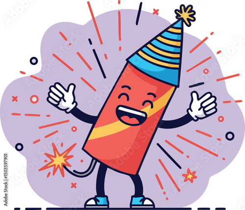 Cartoon Firework Rocket with Party Hat Celebrating Festive Occasion Vector Illustration 