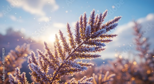 landscape winter early moments Vibrant Blue And Gold Iridescent Frozen Plant Close Up