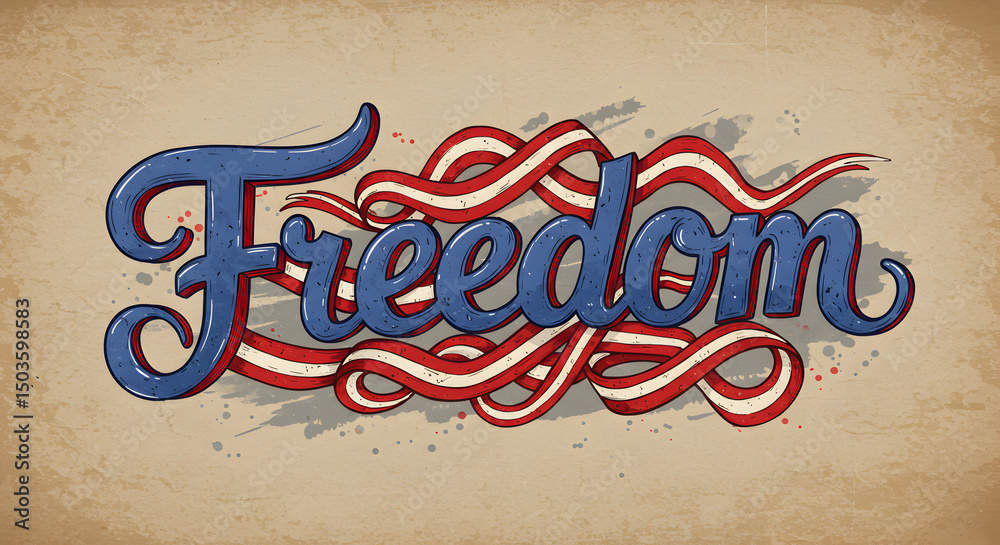 Naklejka premium Artistic illustration of the word freedom with patriotic colors on a textured background.