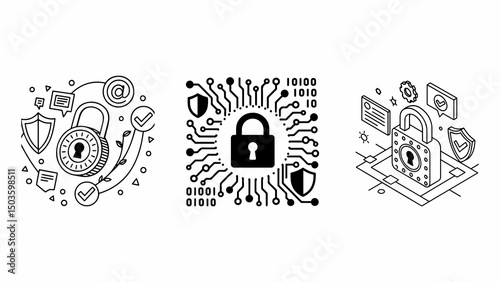 Cybersecurity & Privacy – Digital Lock and Network Protection Vector Art