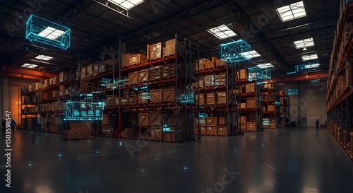 digital warehouse with electronic grids connected to a barcode scanner. Generative Ai
