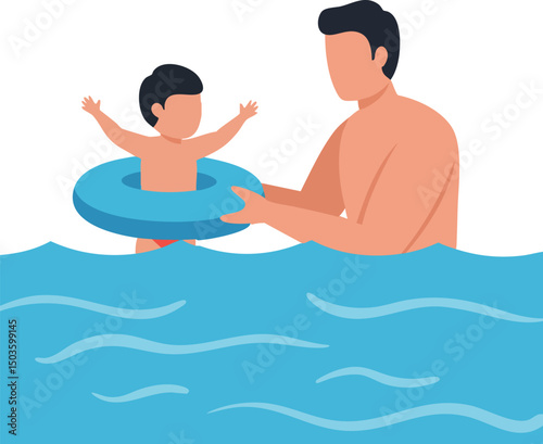 Father teaching baby swimming with blue float in water parental care vector illustration 